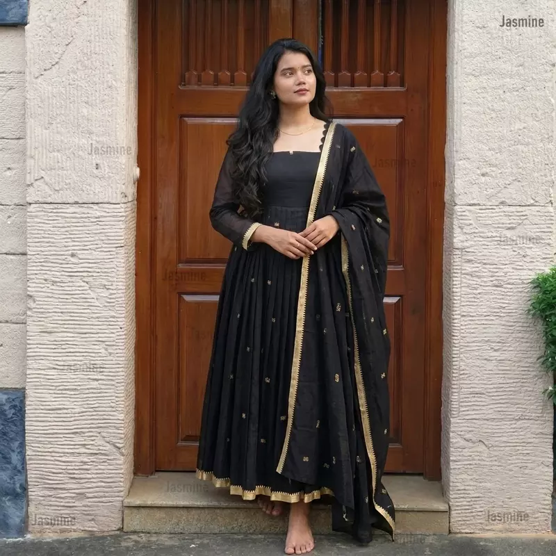 black Narayanpet Cotton Anarkali Suit Set with woven buttas