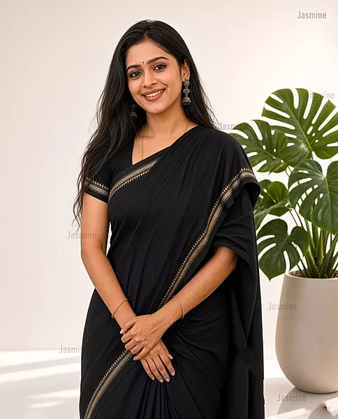 black Narayanpet Cotton Saree with simple self border