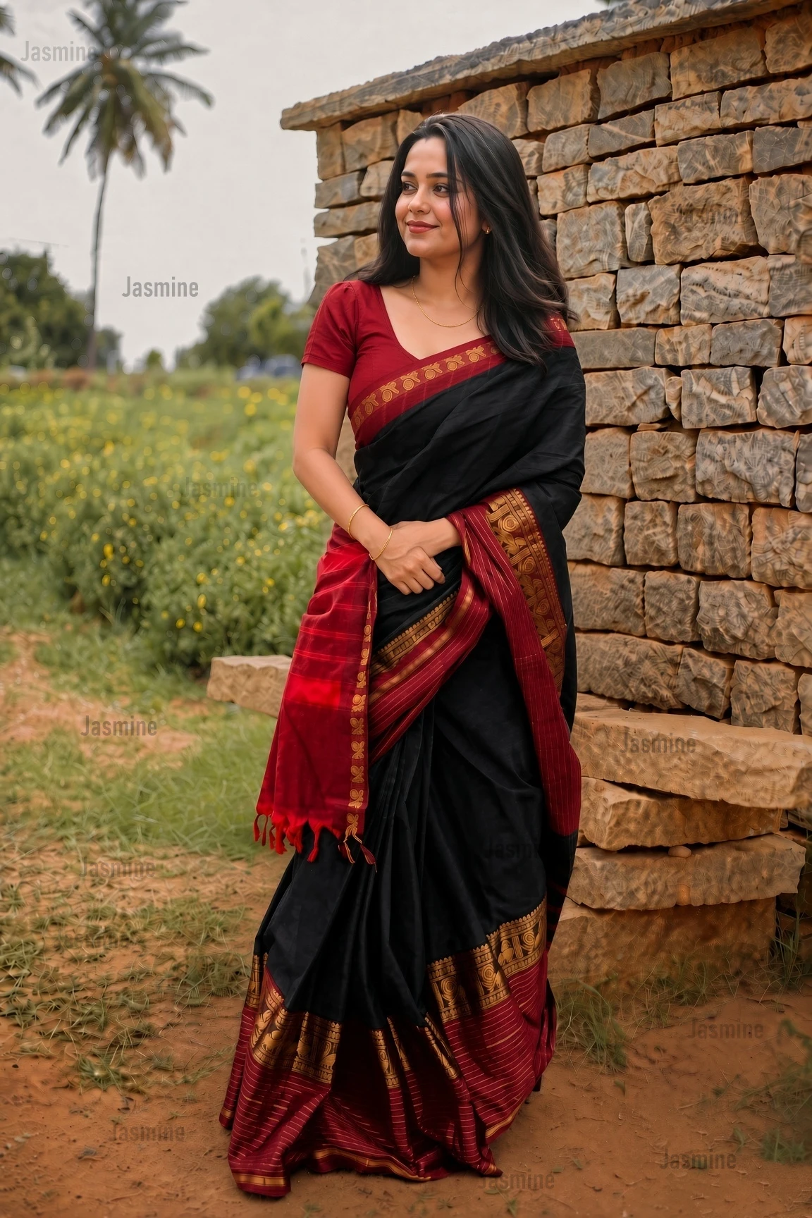 black Narayanpet cotton saree with maroon Peacock border