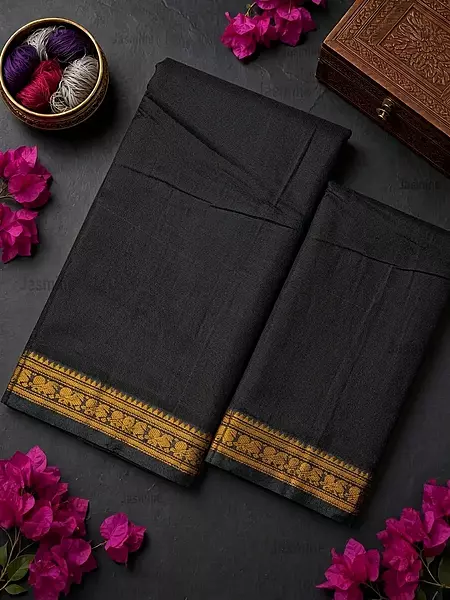black Narayanpet Cotton Saree with peacock self border