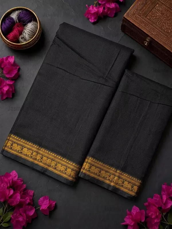 black Narayanpet Cotton Saree with peacock self border