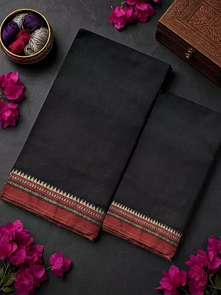 Plain black cotton dress material with a simple red border and matching dupatta