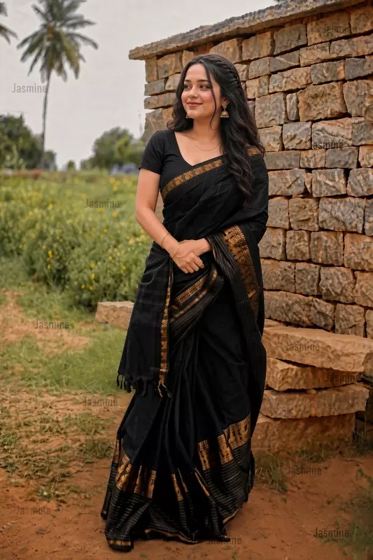black Narayanpet cotton saree with self zari-woven border
