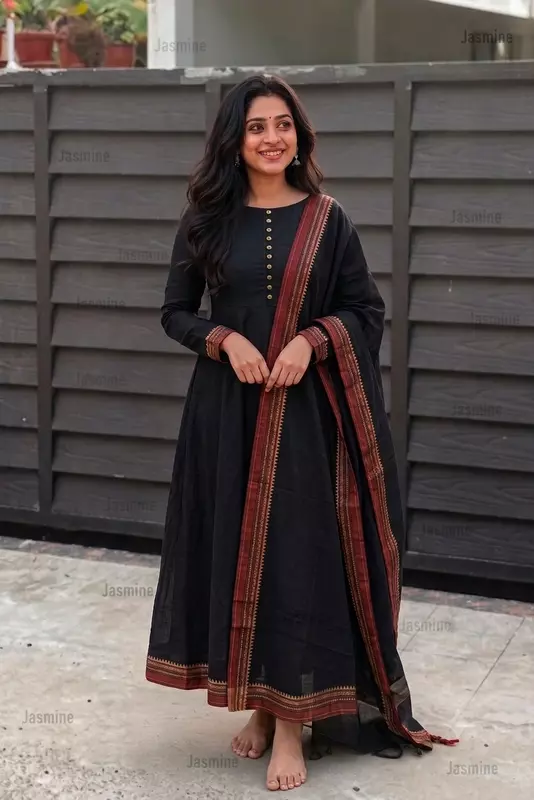Plain black dress material with a simple red border and matching dupatta