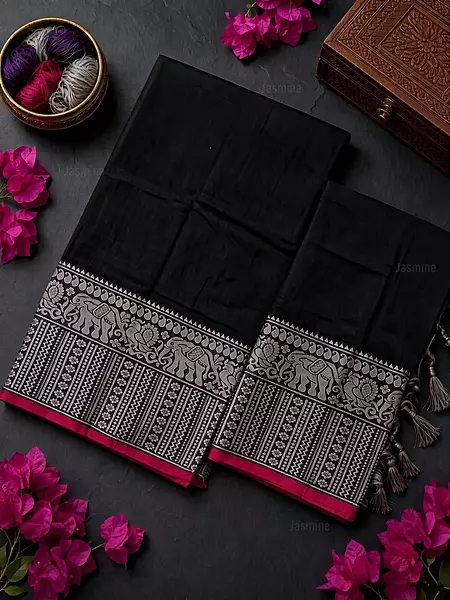 Narayanpet cotton salwar material in Black with elephant woven border