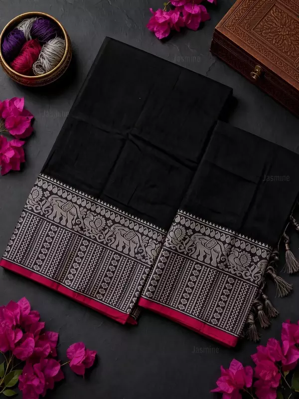Narayanpet cotton salwar material in Black with elephant woven border