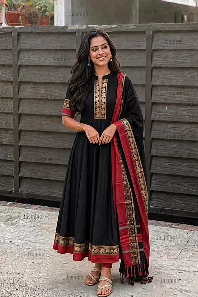 Black Narayanpet salwar material with red elephant thread-woven border