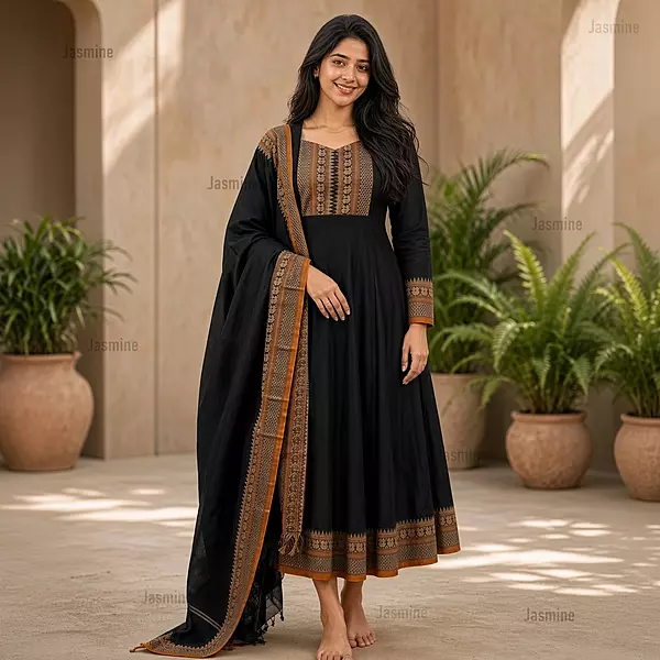 Mercerised cotton suit material featuring a deep black body and mustard peacock border detail