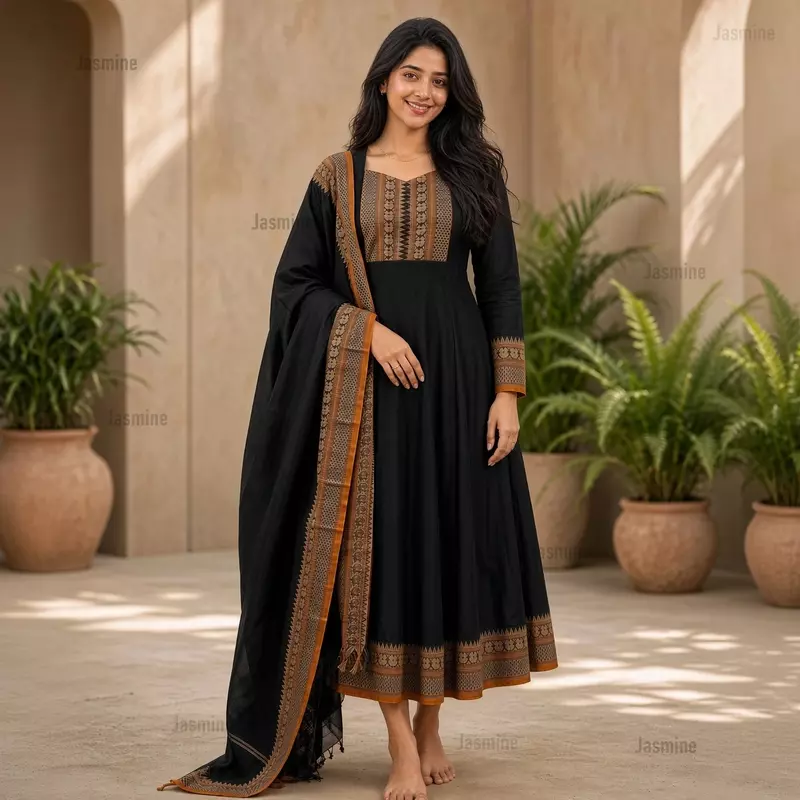 Mercerised cotton suit material featuring a deep black body and mustard peacock border detail