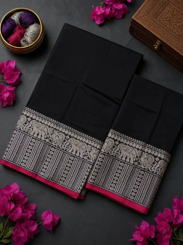 black Narayanpet Cotton Saree with maroon peacock and elephant woven border