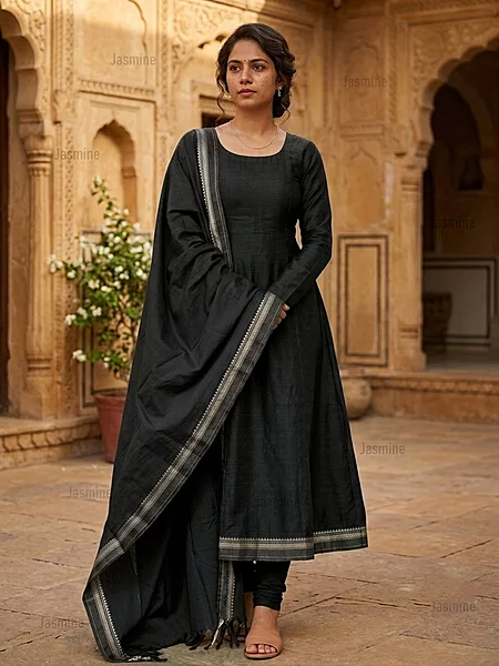 Black 100 thread count Narayanpet dress material with simple plain border