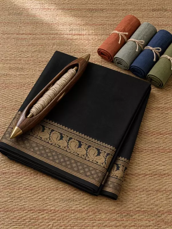 Narayanpet plain cotton saree with small black zari-woven border