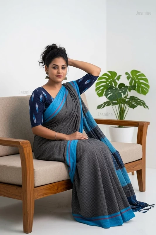 Black Patteda Anchu handloom saree with sky blue border