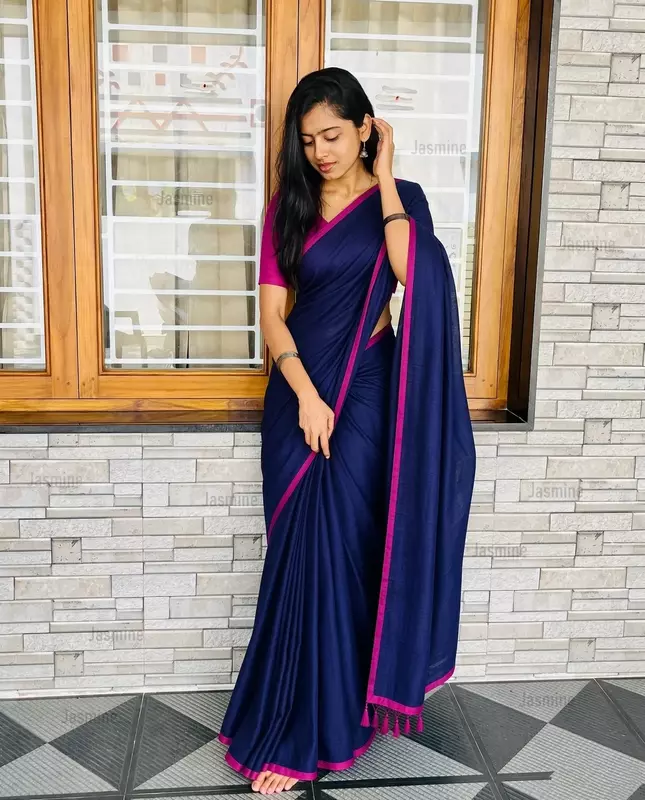 Blue Mul Cotton saree with pink border