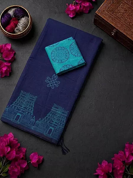 indigo blue cotton saree with temple border and white Rangoli prints