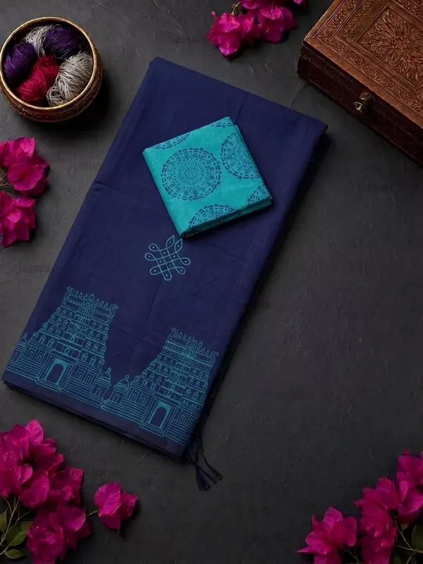 indigo blue cotton saree with temple border and white Rangoli prints