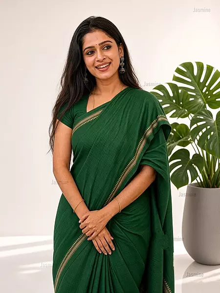 green Narayanpet Cotton Saree with simple self border