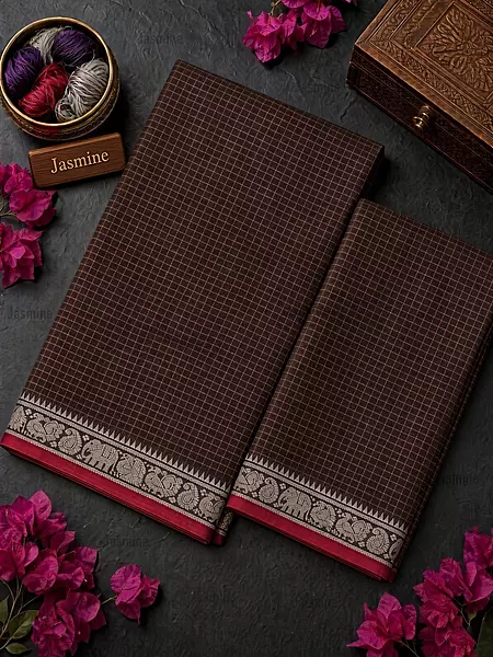 brown checked Narayanpet cotton saree with red border