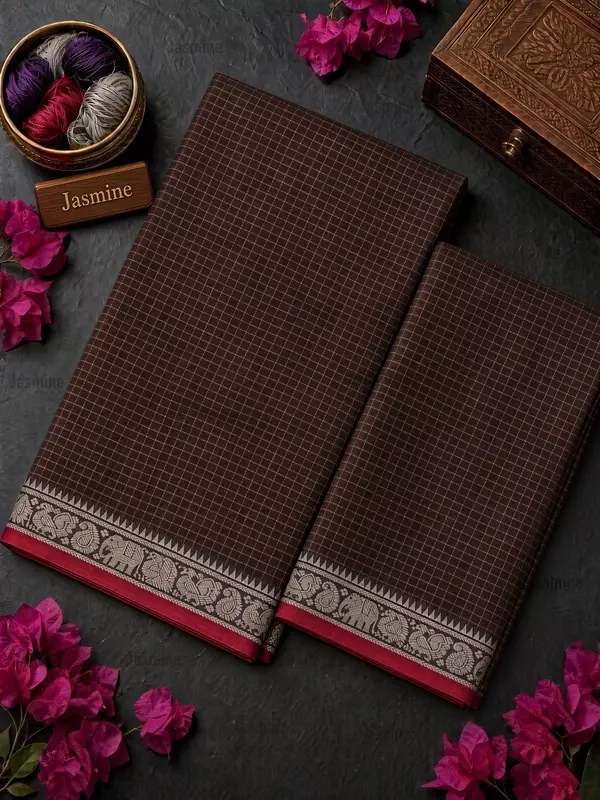 brown checked Narayanpet cotton saree with red border