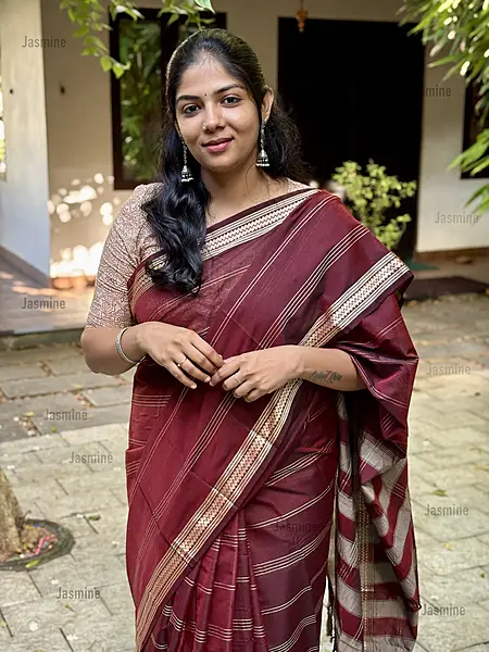 Brown Narayanpet cotton saree with horizontal woven stripes and silver border