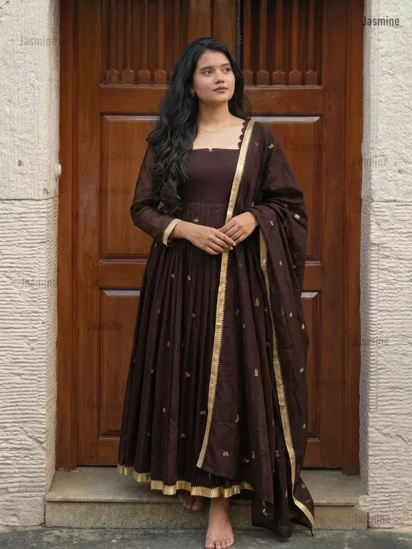dark brown Narayanpet Cotton Anarkali Suit Set with woven buttas