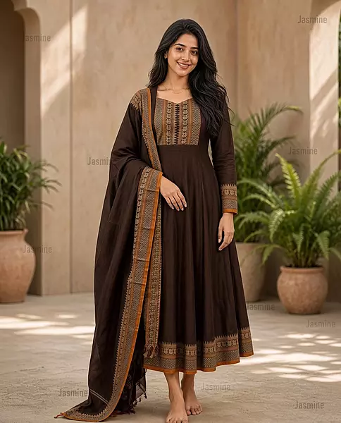 brown Narayanpet Cotton Dress Material with mustard yellow peacock border