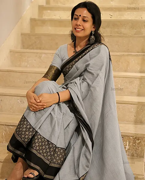 cement grey Narayanpet cotton saree with black floral border