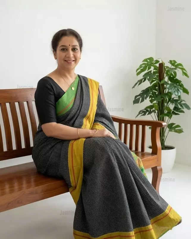 Black checks Patteda Anchu handloom saree showing contrasting yellow and green borders