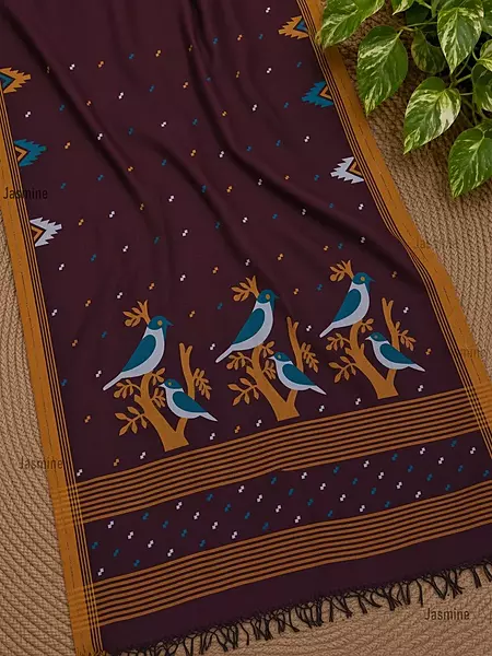 Pure authentic Khadi Cotton saree with mustard border and bird motifs