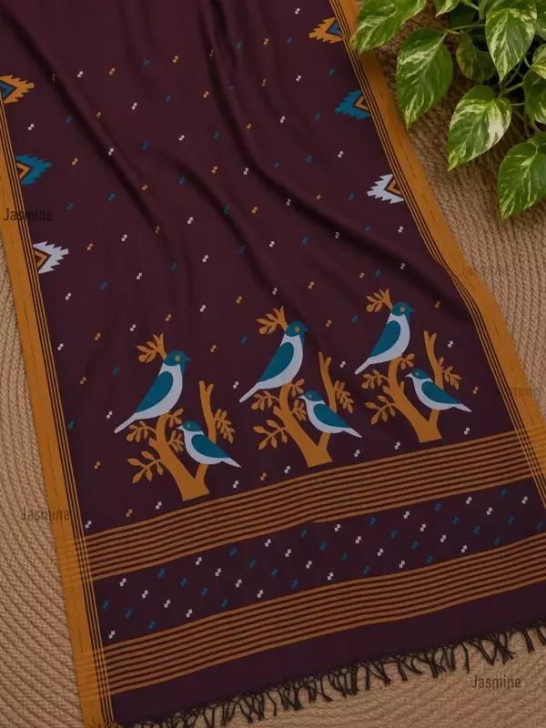 Pure authentic Khadi Cotton saree with mustard border and bird motifs