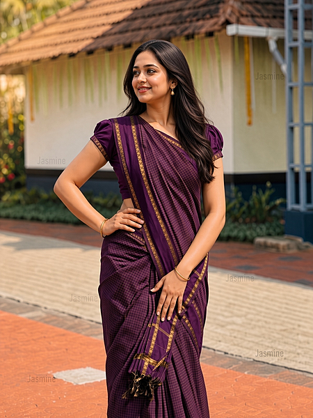 Dark plum Gadwal cotton silk saree with checked body and striped pallu