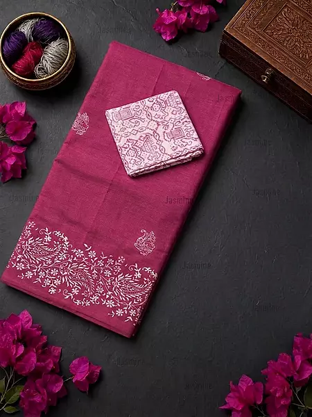 Peach rose cotton saree featuring delicate white prints across the body