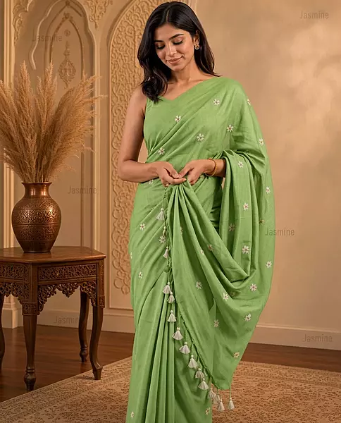 Sage Green Khadi cotton saree with small woven embroidery