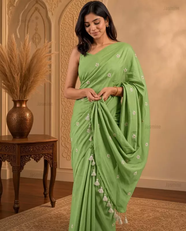 Sage Green Khadi cotton saree with small woven embroidery