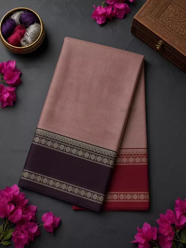 dusty rose Narayanpet Cotton Saree with dark brown and red Ganga Jamuna border
