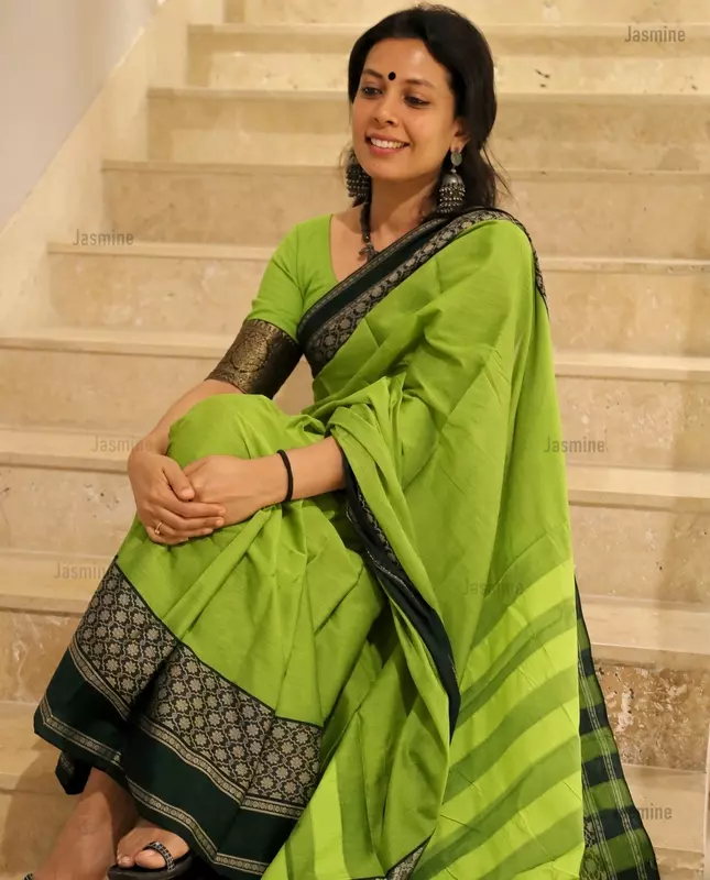 lime olive Narayanpet cotton saree with green floral border