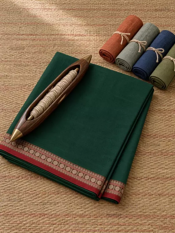 green Narayanpet cotton saree with maroon Rudraksha border