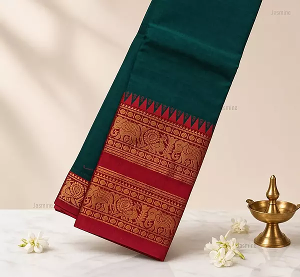 Elephant and peacock zari border on Narayanpet handloom cotton saree