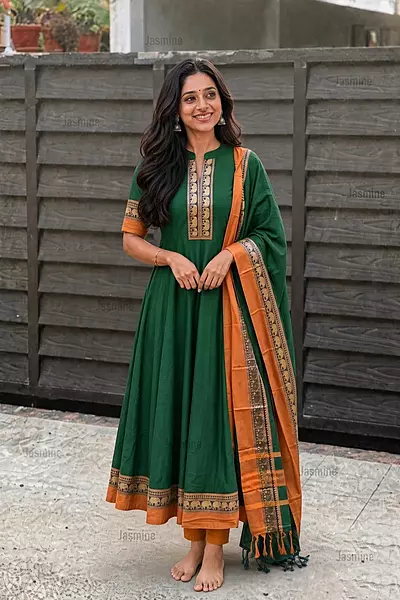 Bottle green unstitched Narayanpet dress material with elephant thread work