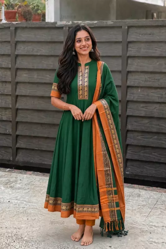 Bottle green unstitched Narayanpet dress material with elephant thread work