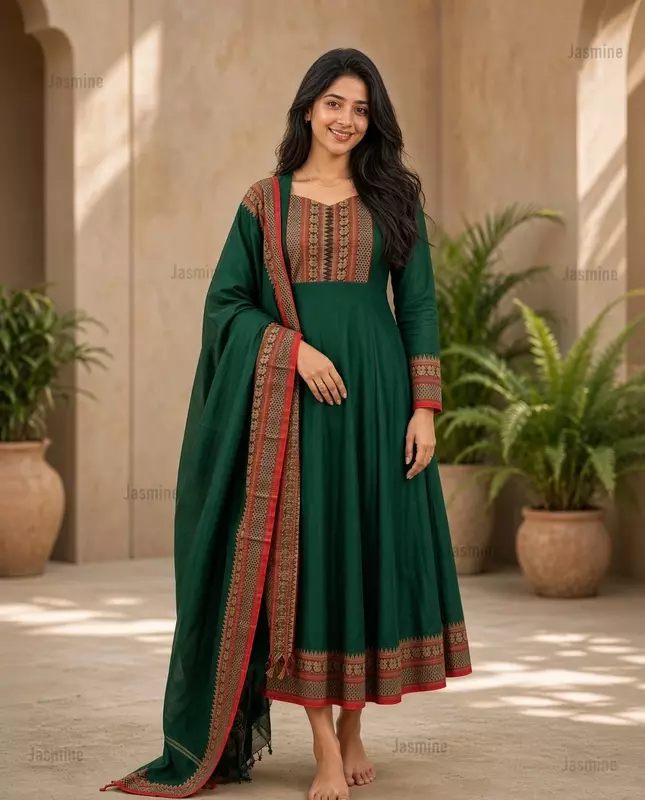 bottle green Narayanpet Cotton Dress Material with red peacock border