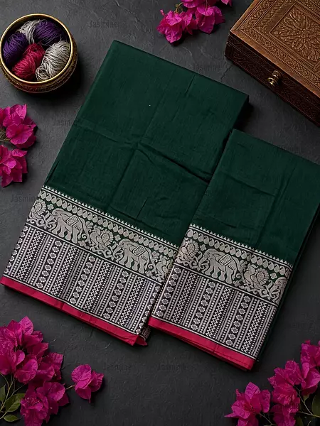 Green Narayanpet cotton saree with maroon elephant peacock border