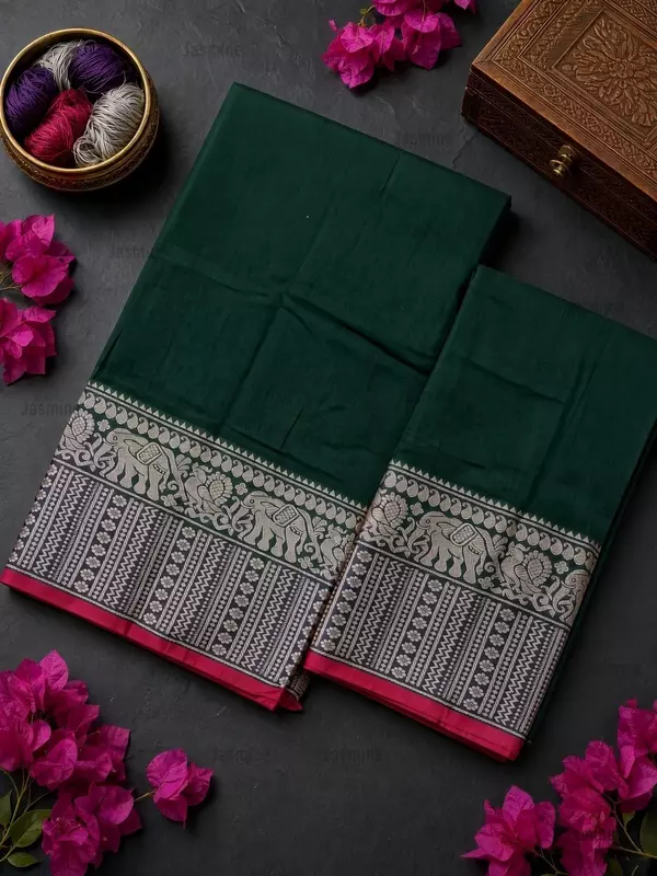 Green Narayanpet cotton saree with maroon elephant peacock border