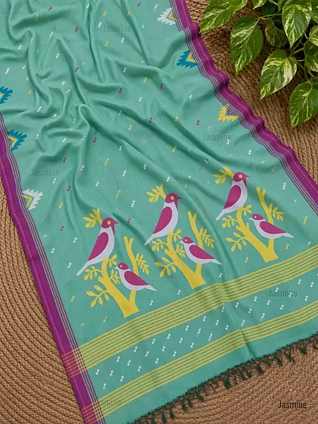 turquoise green Khadi Cotton saree with pink border