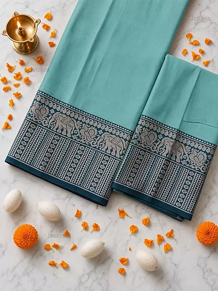 Soft Teal Narayanpet dress material with traditional elephant design border and dupatta