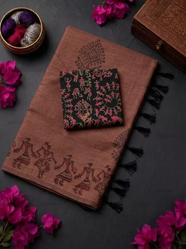 Dark cinnamon brown saree featuring distinctive Warli tribal art patterns