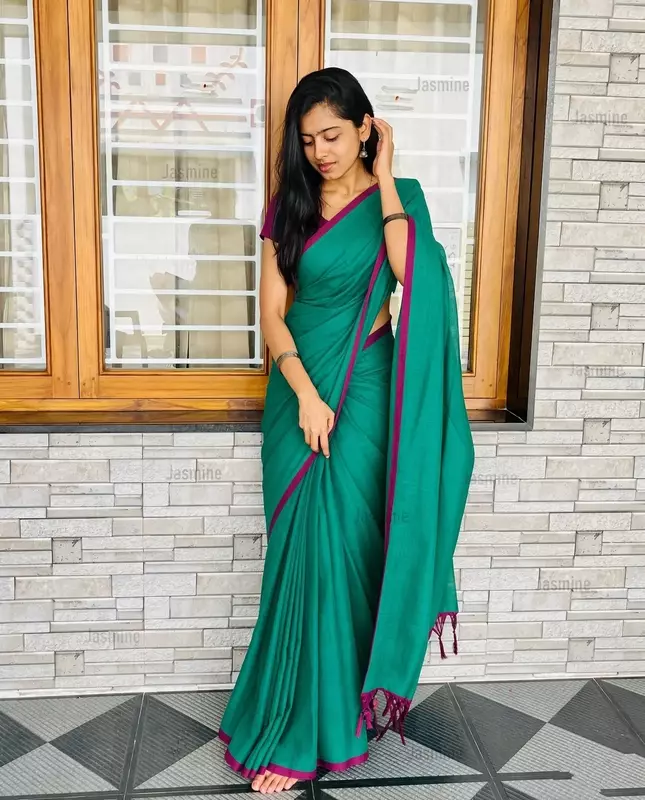 Deep teal blue Mul Cotton saree with simple thin border