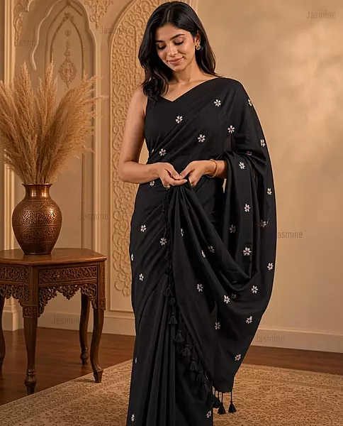 Dolon – Black Khadi Cotton Saree with Thread Embroidery