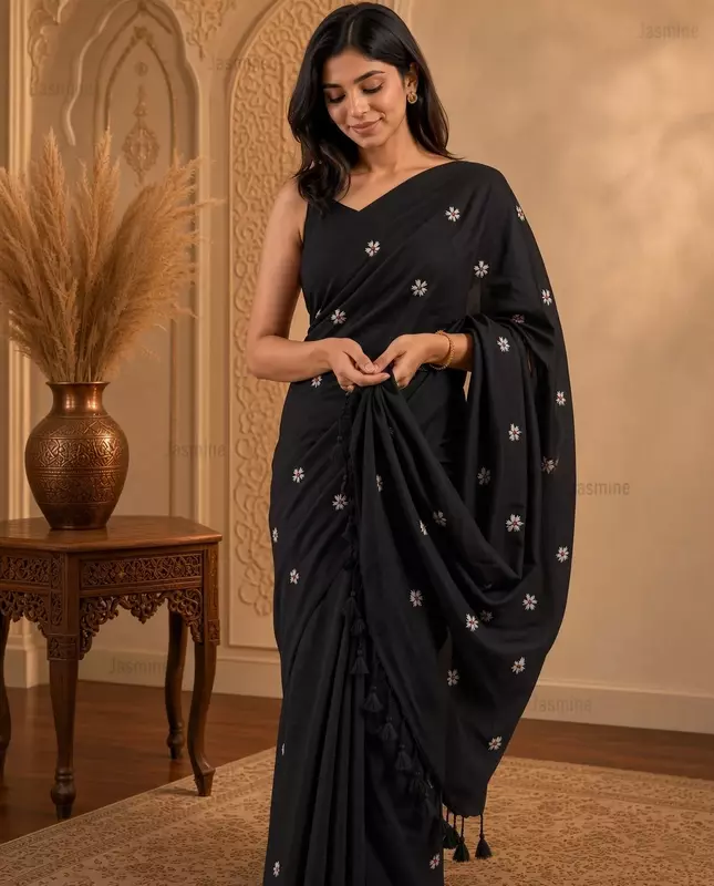 Dolon β Black Khadi Cotton Saree with Thread Embroidery