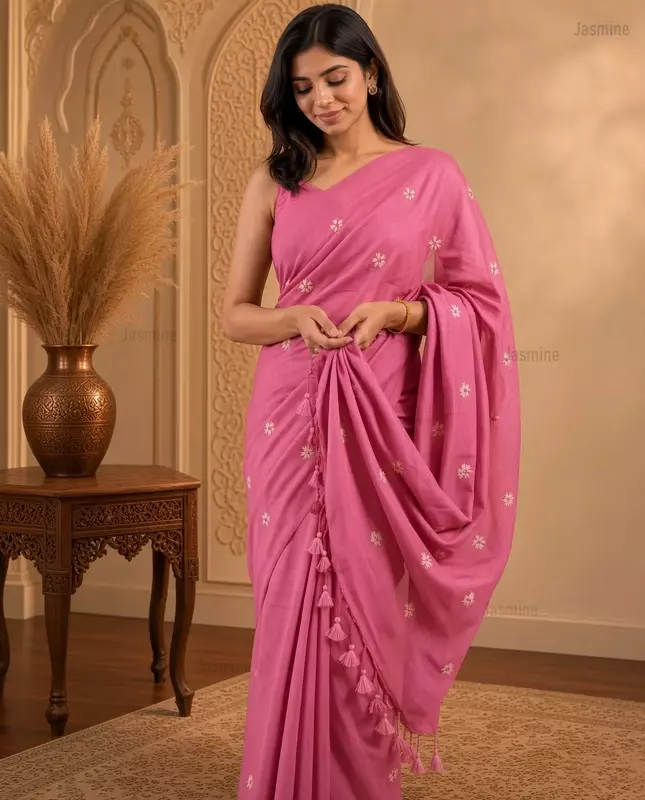 Baishali β Baby Pink Khadi Cotton Saree with Thread Embroidery